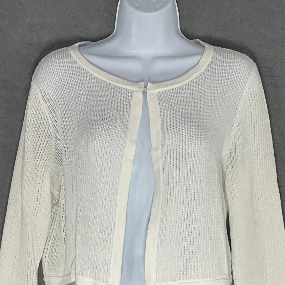 Talbots Womens‎ Cardigan Sweater Medium M White Knit Open Front 3/4 Sleeve